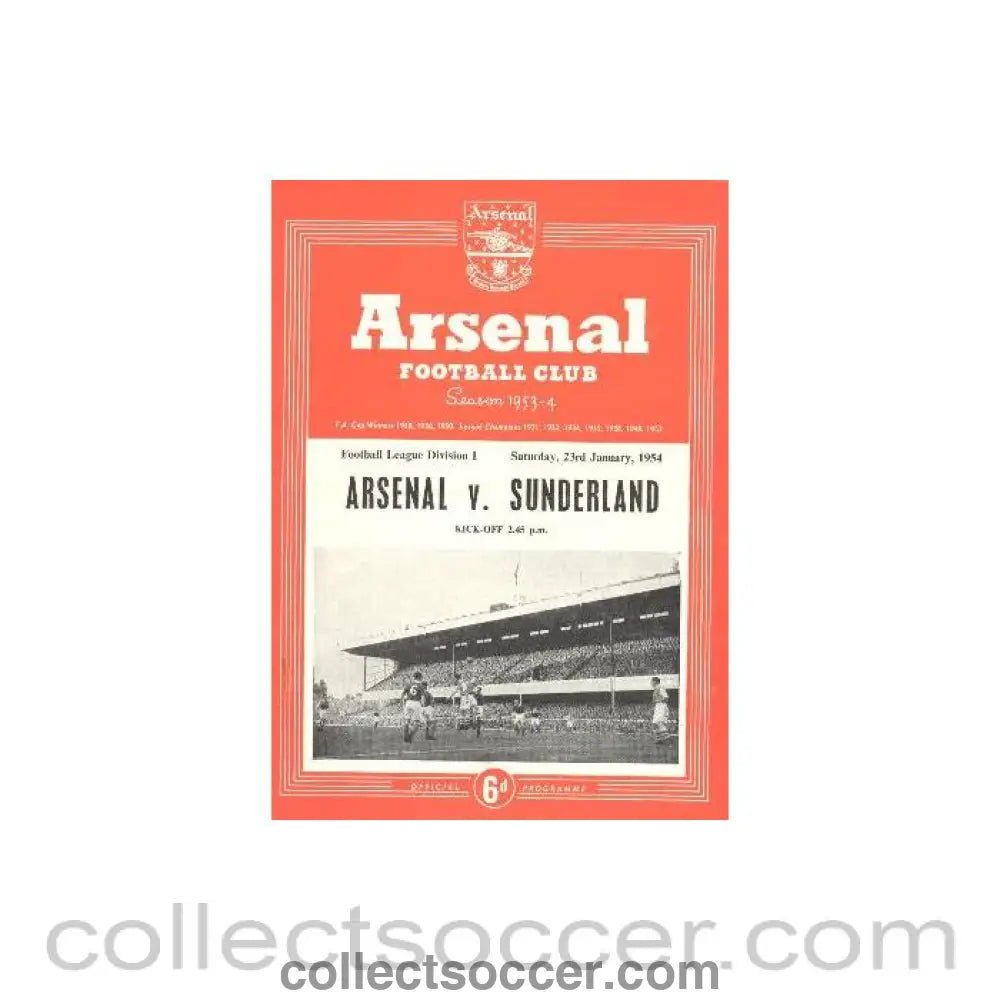 1954 - Arsenal v Sunderland official programme 23/01/1954 - Collect Soccer