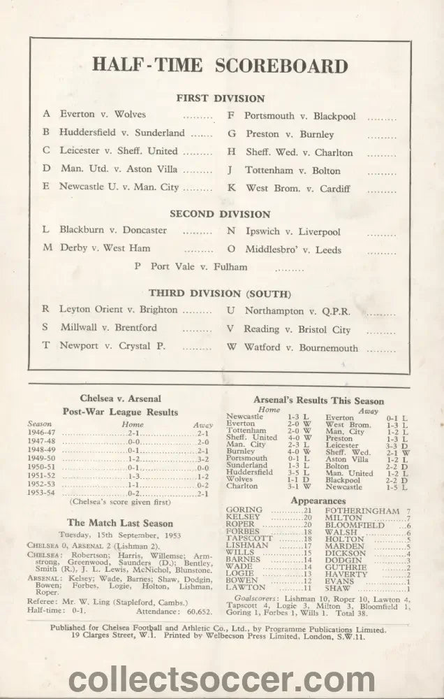 1954 - Chelsea V Arsenal 27/12/1954 Football League Chelsea's First Ever Championship Season - Collect Soccer