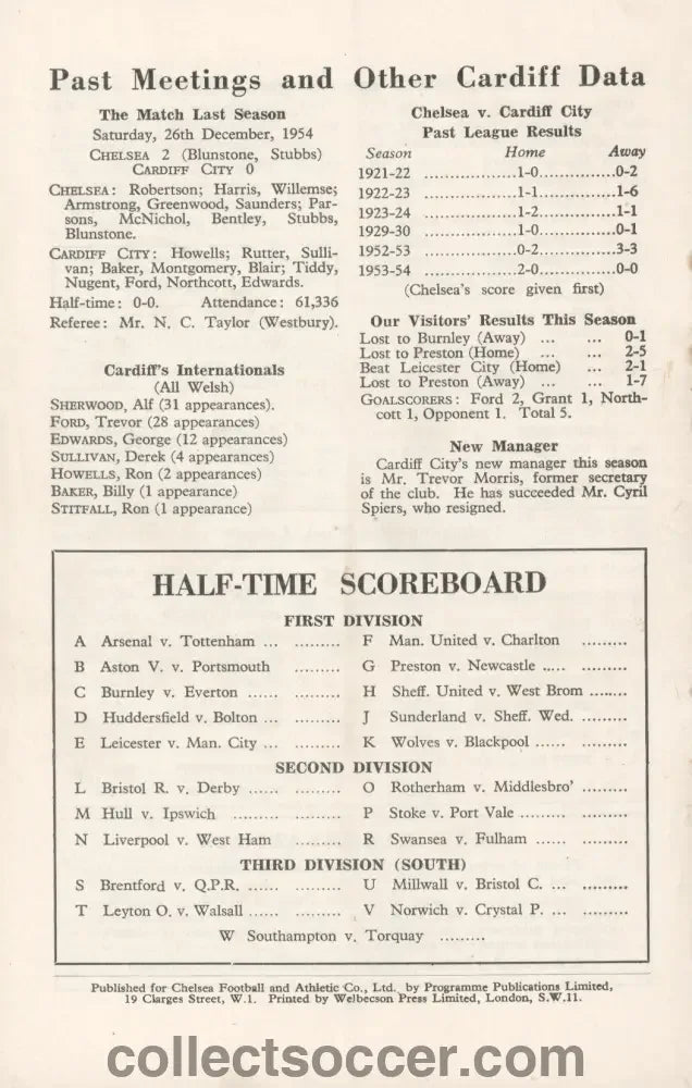 1954 Chelsea v Cardiff City Programme Chelsea's First Ever Championship Season - Collect Soccer