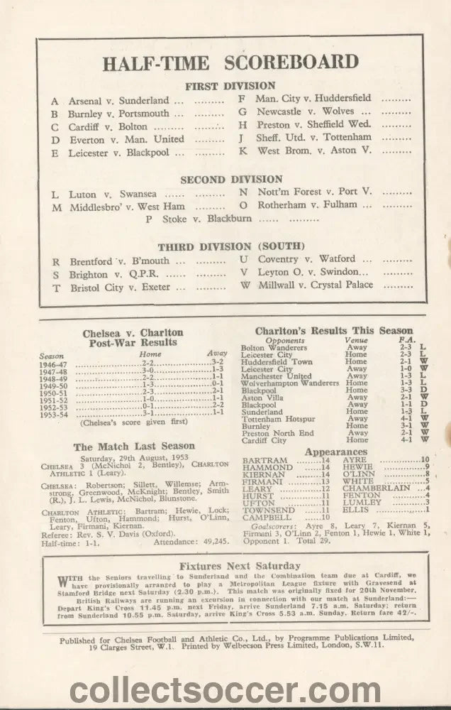 1954 - Chelsea v Charlton Athletic official programme 30/10/1954 - Chelsea's First Ever Championship Season - Collect Soccer