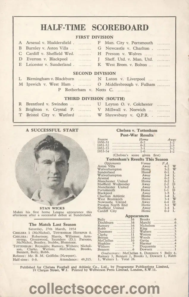1954 - Chelsea v Tottenham Hotspur official programme - Collect Soccer