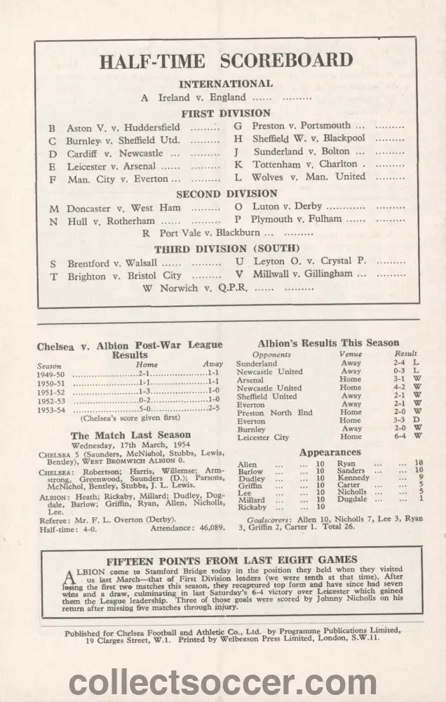 1954 - Chelsea v West Bromwich Albion Official Programme 02/10/1954 Chelsea's First Ever Championship Season - Collect Soccer