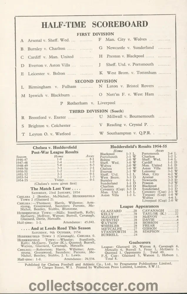 1955 - Chelsea v Huddersfield Town official programme 26/02/1955 Chelsea's First Ever Championship Season - Collect Soccer