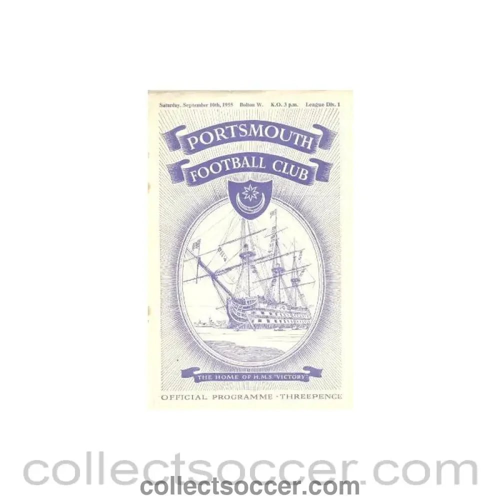 1955 - Portsmouth v Bolton Wanderers official programme 10/09/1955 - Collect Soccer