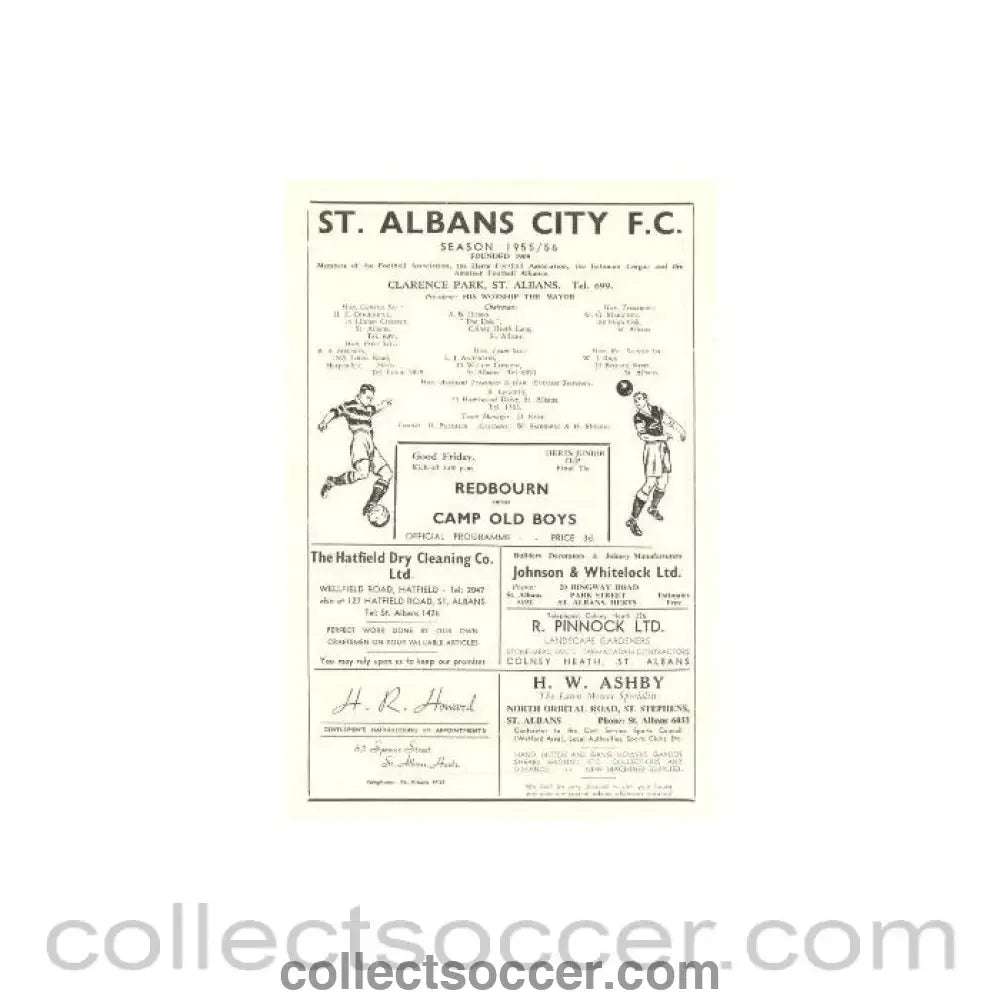 1955 - Redbourn v Camp Old Boys official programme 1955 - 1956 - Collect Soccer