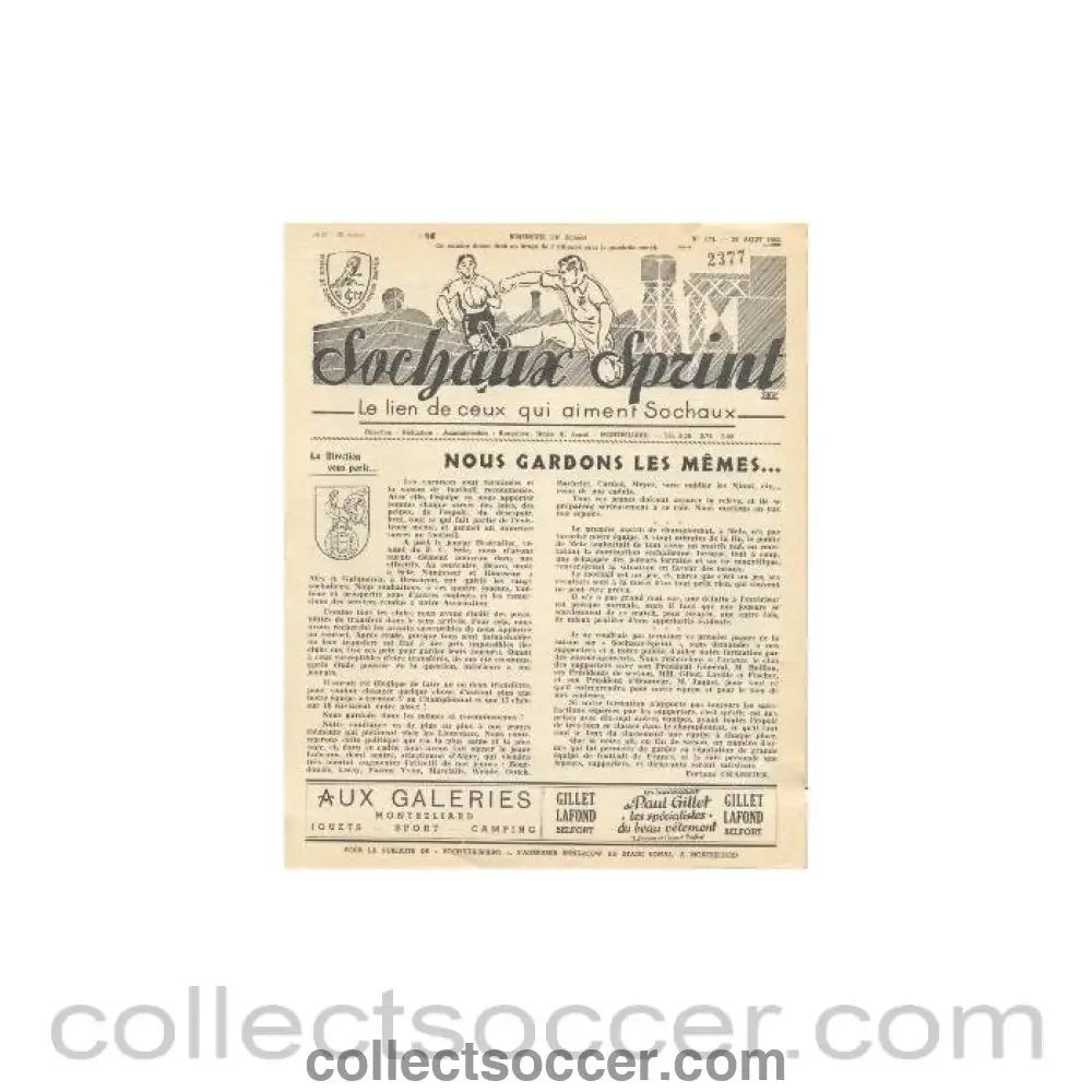 1955 Sochaux, France Official Programme Sochaux Sprint of 28/08/1955 - Collect Soccer