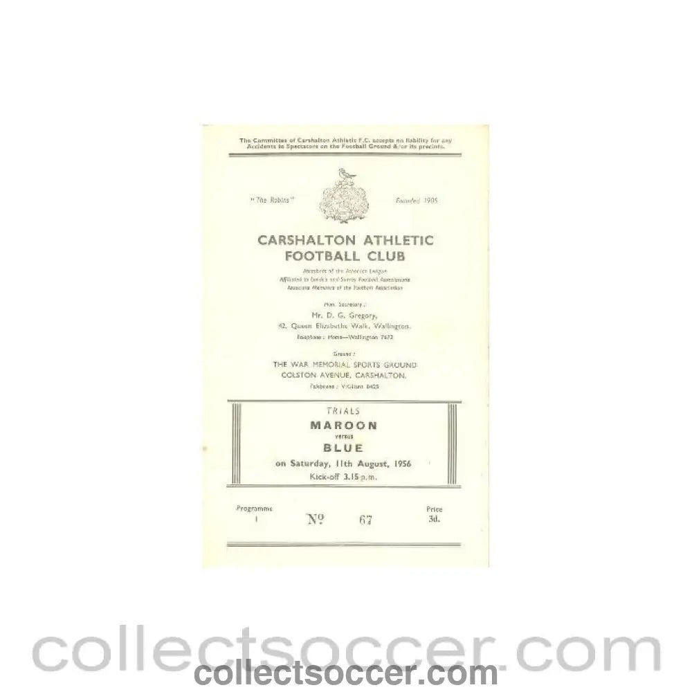 1956 - Carshalton practice match official programme Maroon v Blue 11/08/1956 - Collect Soccer
