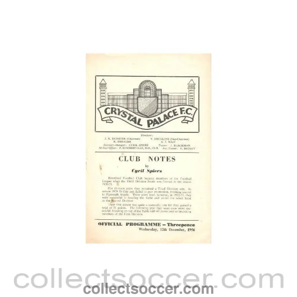 1956 - Crystal Palace v Brentford official programme 12/12/1956 - Collect Soccer