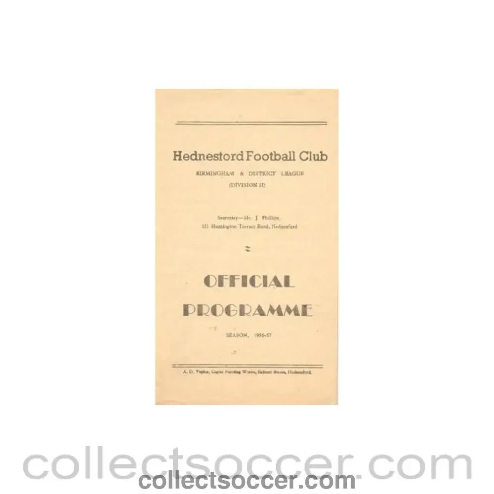1956 - Hednesford Town v Bilston official programme 29/09/1956 Football League - Collect Soccer