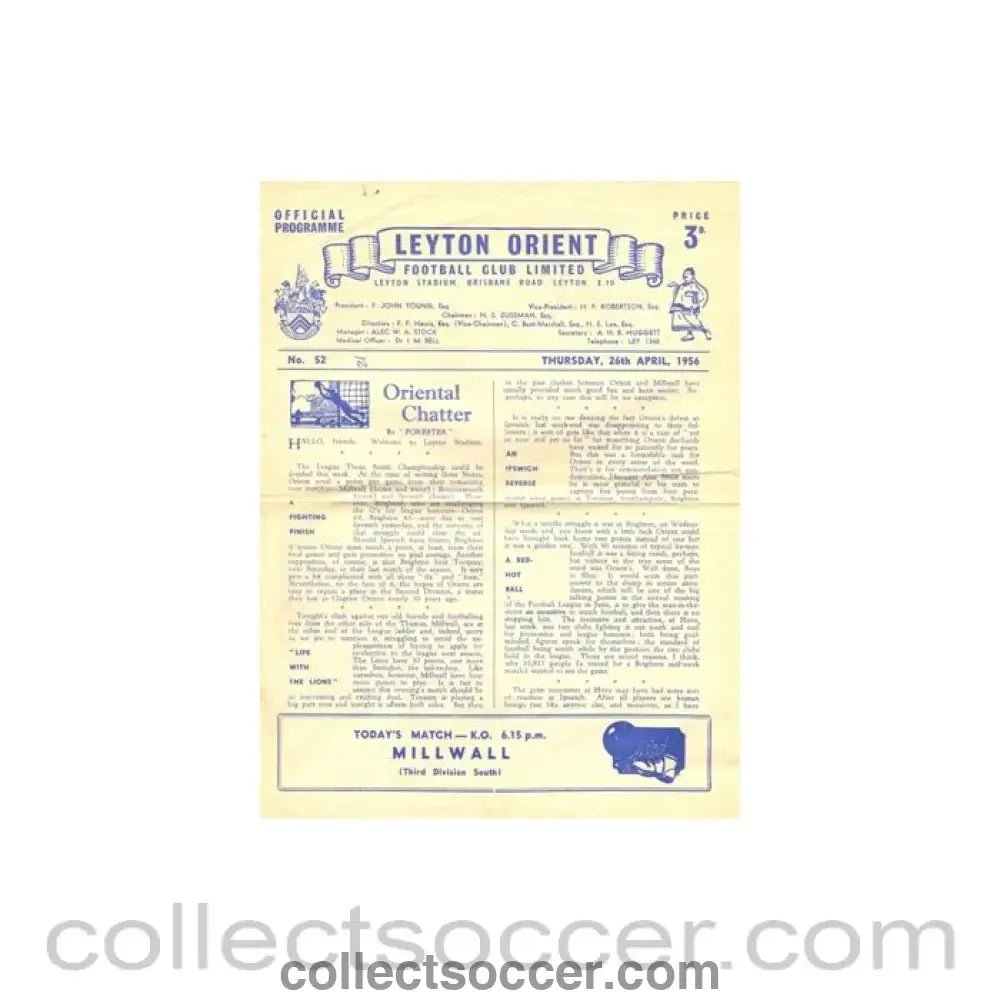 1956 - Leyton Orient v Millwall official programme 26/04/1956 - Collect Soccer