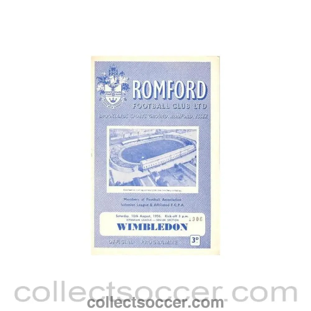 1956 - Romford v Wimbledon official programme 18/08/1956 - Collect Soccer