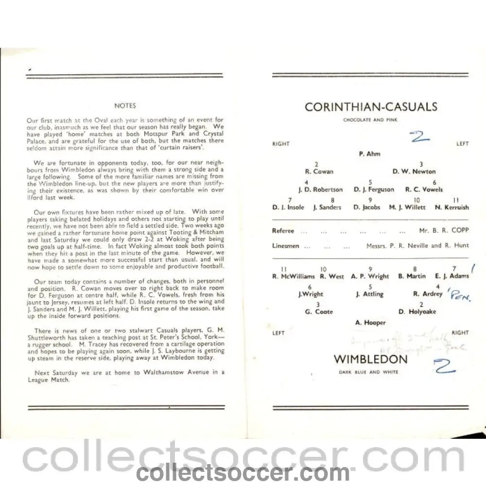 1957 - Corinthinan Casuals v Wimbledon 5/10/1957 Football Programme at The Oval - Collect Soccer