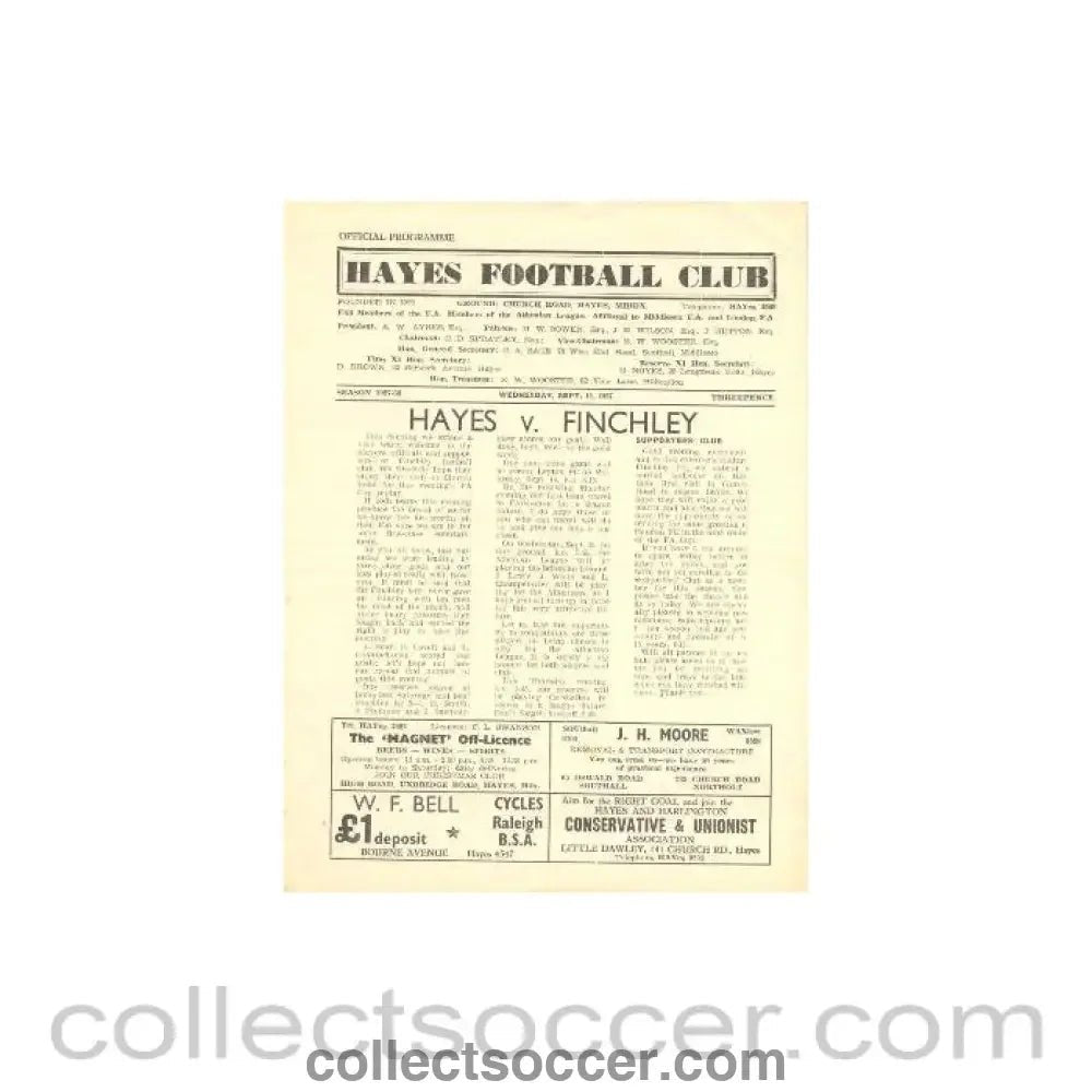 1957 - Hayes v Finchley official programme 11/09/1957 - Collect Soccer