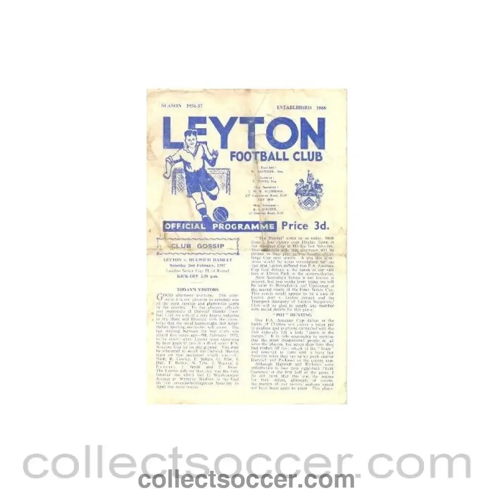 1957 - Leyton Orient v Dulwich Hamlet official programme 02/02/1957 - Collect Soccer