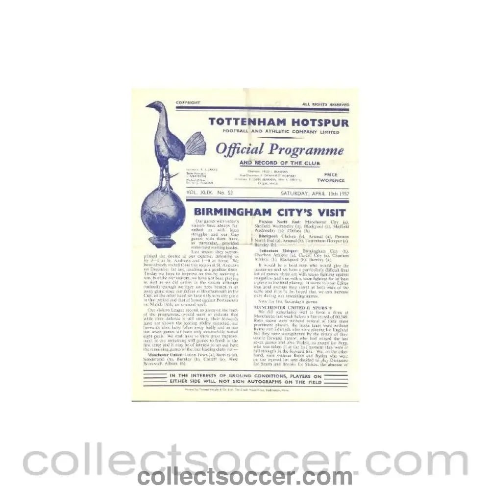 1957 - Tottenham Hotspur v Birmingham official programme 13/04/1957 - Collect Soccer