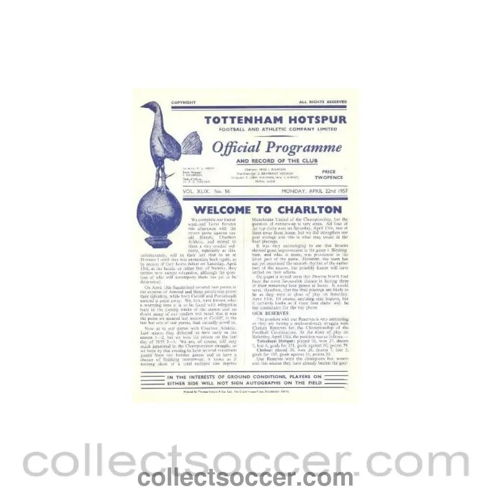1957 - Tottenham Hotspur v Charlton Athletic official programme 22/04/1957 - Collect Soccer