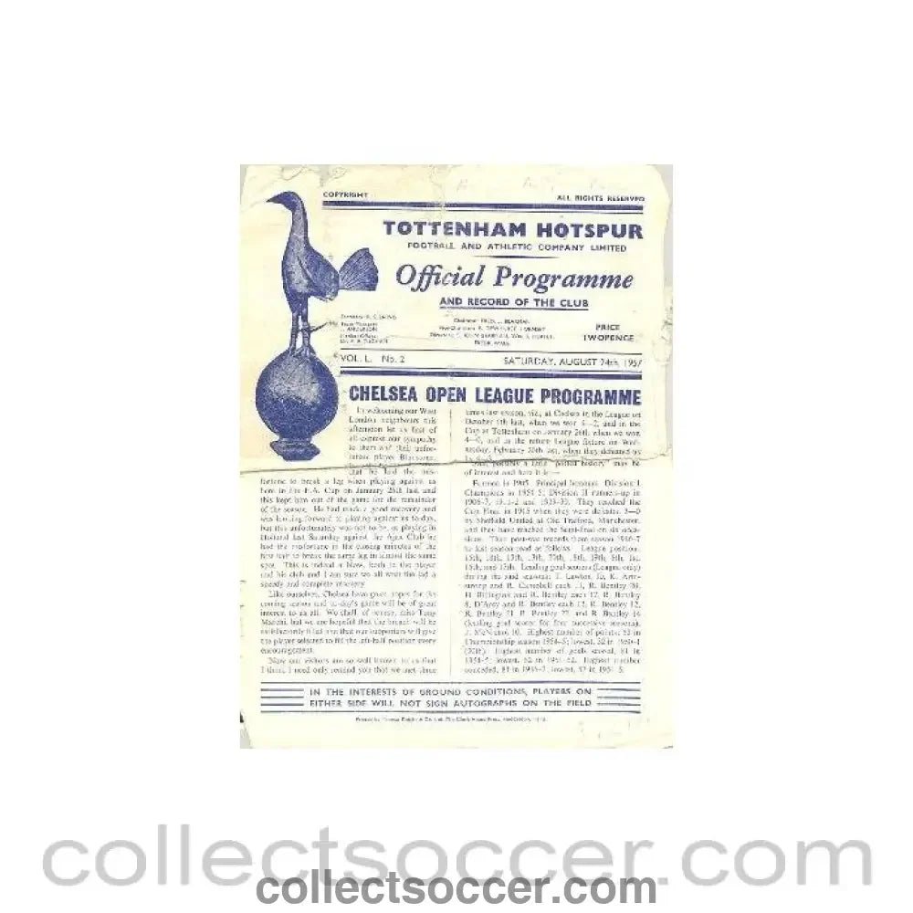 1957 - Tottenham Hotspur vChelsea official programme 24/08/1957 - Collect Soccer