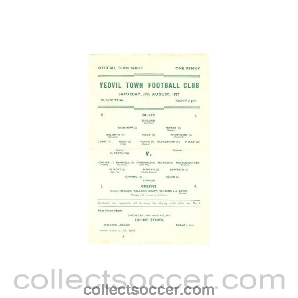 1957 - Yeovil Town practice match official programme 17/08/1957 - Collect Soccer
