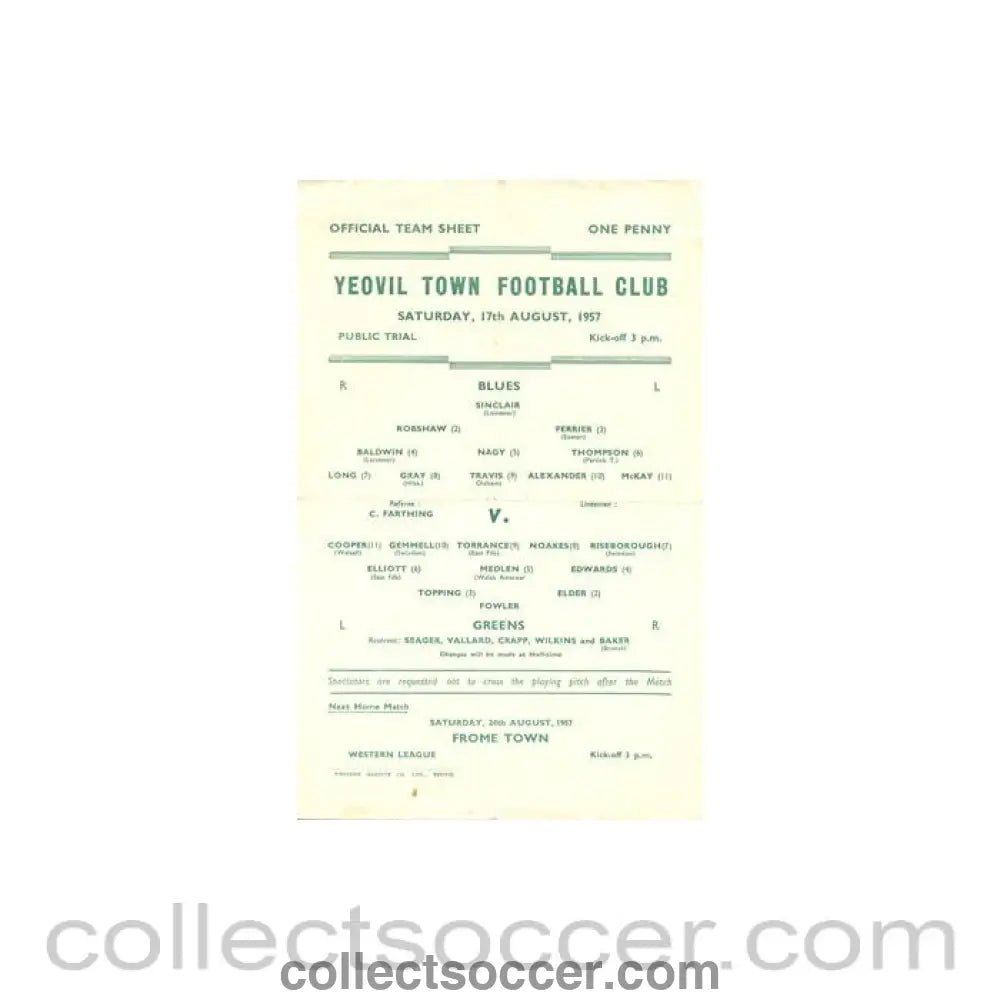 1957 - Yeovil Town practice match official programme 17/08/1957 - Collect Soccer