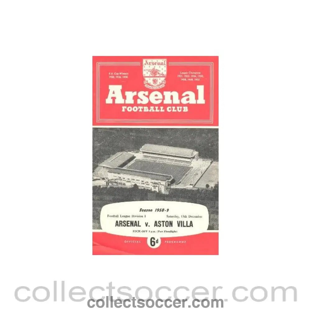 1958 - Arsenal v Aston Villa official programme 13/12/1958 - Collect Soccer