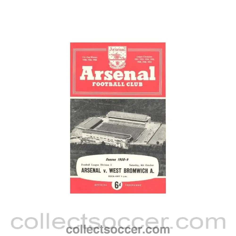 1958 - Arsenal v West Bromwich Albion official programme 04/10/1958 - Collect Soccer