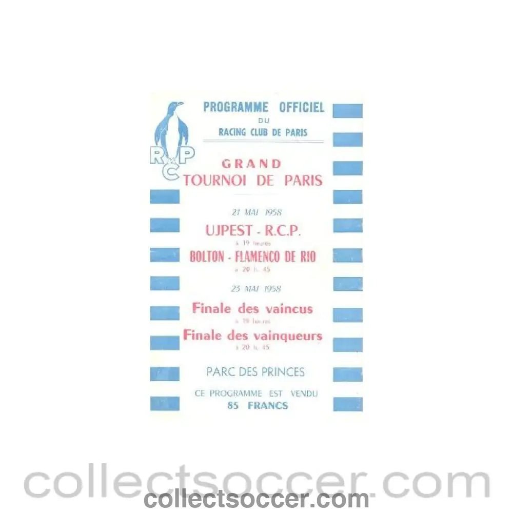 1958 - Bolton Wanderers v Flamenco de Rio, Brazil official programme 21/05/1958 match played in Paris, programme of the Grand Tour of Paris Very Rare! - Collect Soccer