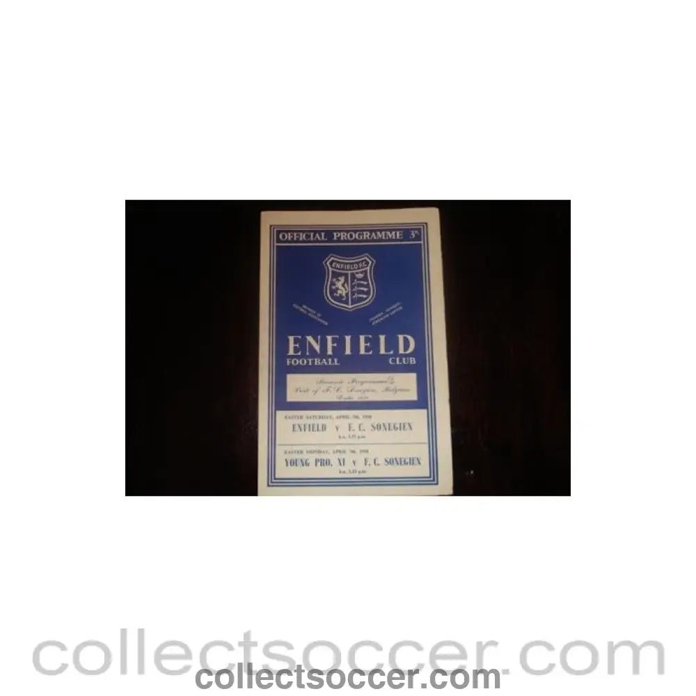 1958 - Enfield v Sonegien 05/04/1958 and Young Pro. XI v Sonegien 07/04/1958 official programme Semi-Professional International - Collect Soccer