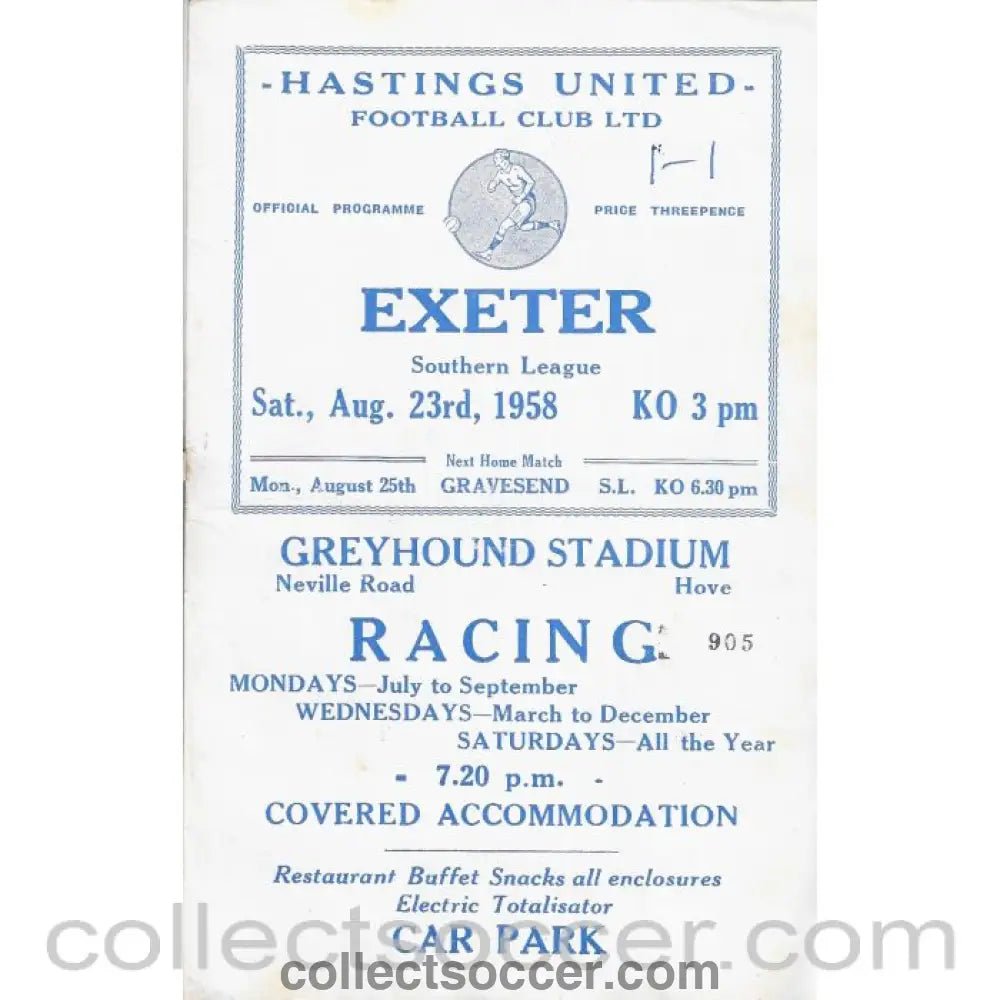 1958 Hastings United v Exeter Football Programme - Collect Soccer