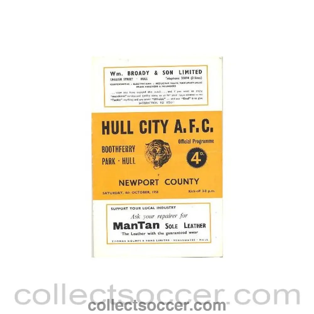 1958 - Hull City v Newport County official programme 04/10/1958 - Collect Soccer