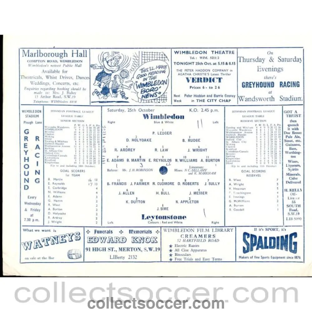 1958 - Wimbledon v Leytonstone 25/10/1958 Football Programme - Collect Soccer