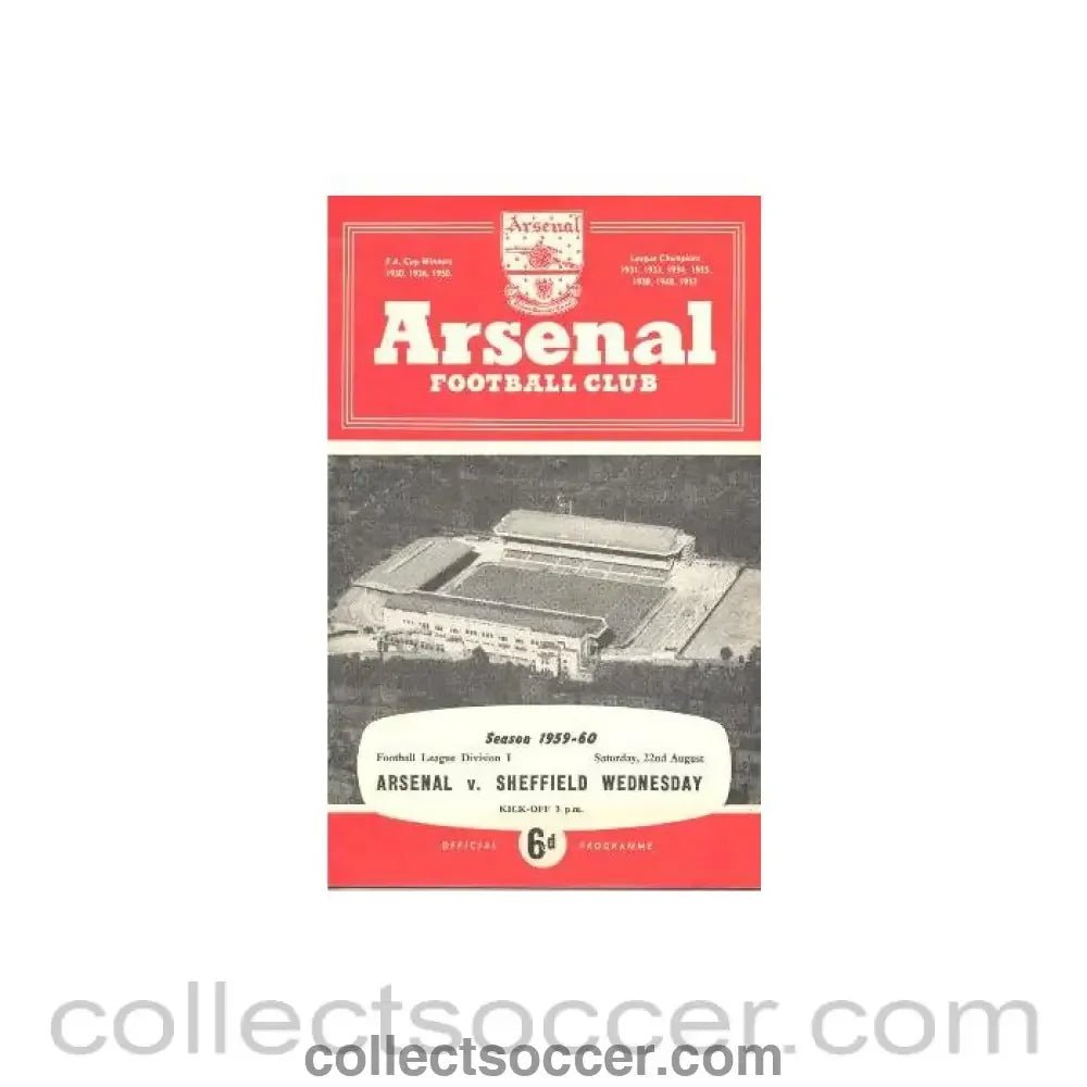 1959 - Arsenal v Sheffield Wednesday official programme 22/08/1959 - Collect Soccer