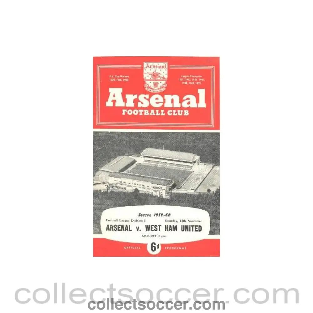 1959 - Arsenal v West Ham United official programme 14/11/1959 - Collect Soccer