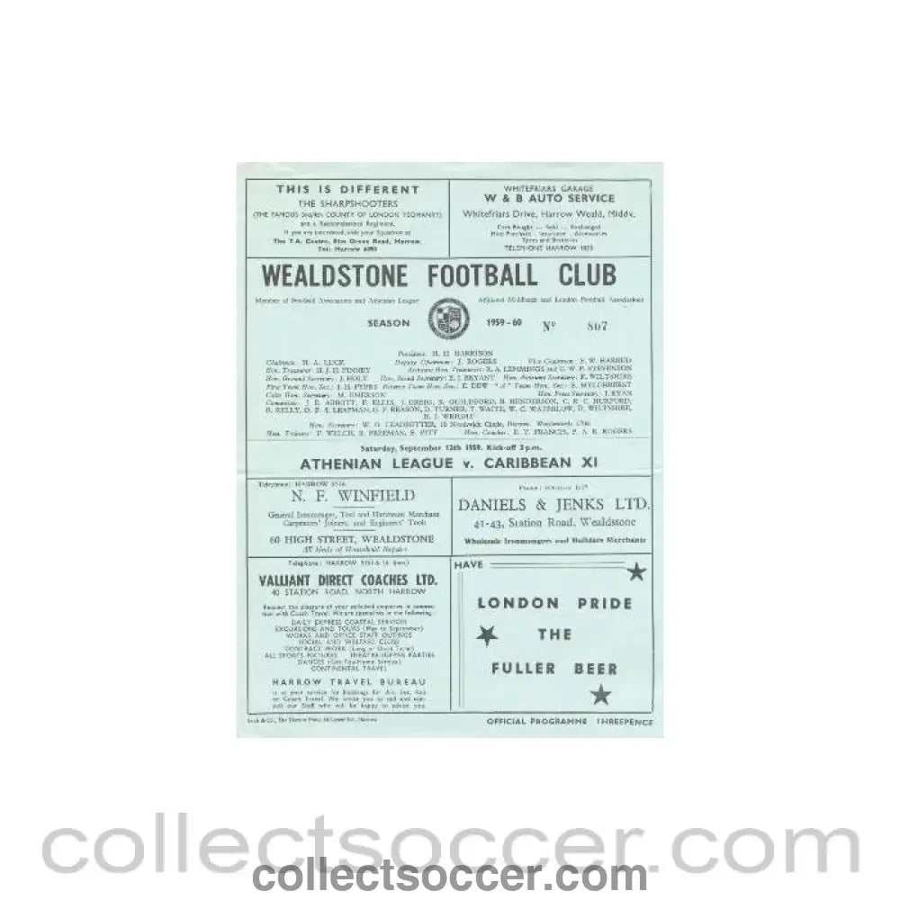 1959 - At Wealdstone - Athenian League v Caribbean XI official programme 12/09/1959 - Collect Soccer