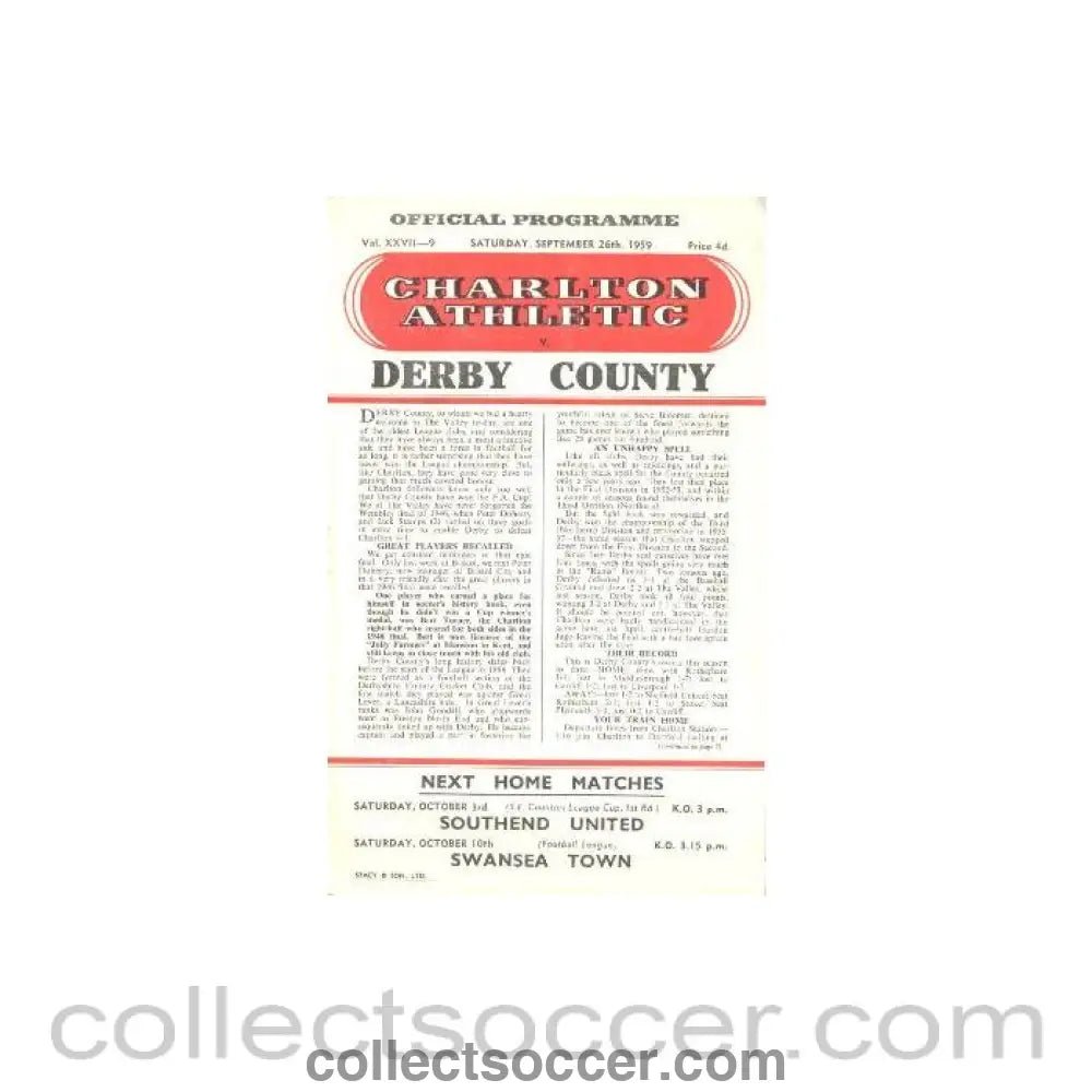 1959 - Charlton Athletic v Derby County official programme 26/09/1959 - Collect Soccer