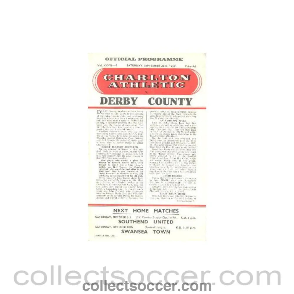 1959 - Charlton Athletic v Derby County official programme 26/09/1959