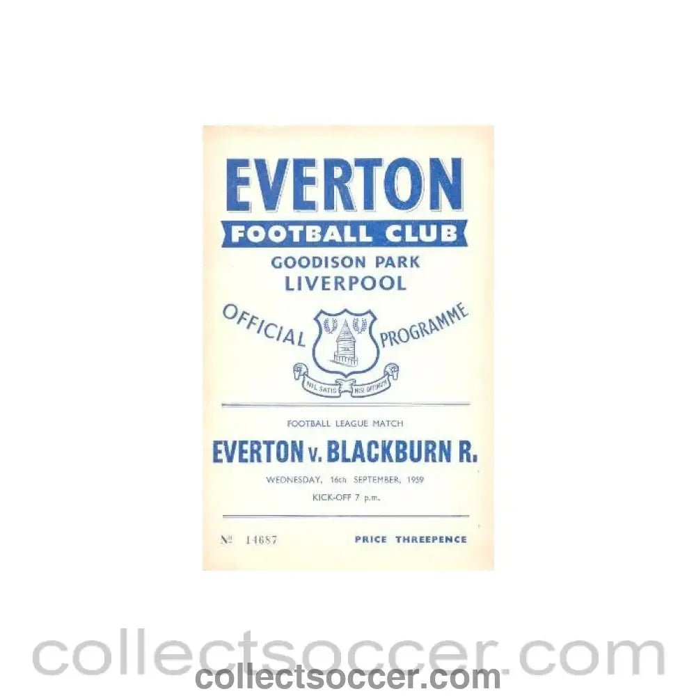 1959 - Everton v Blackburn Rovers official programme 16/09/1959 - Collect Soccer