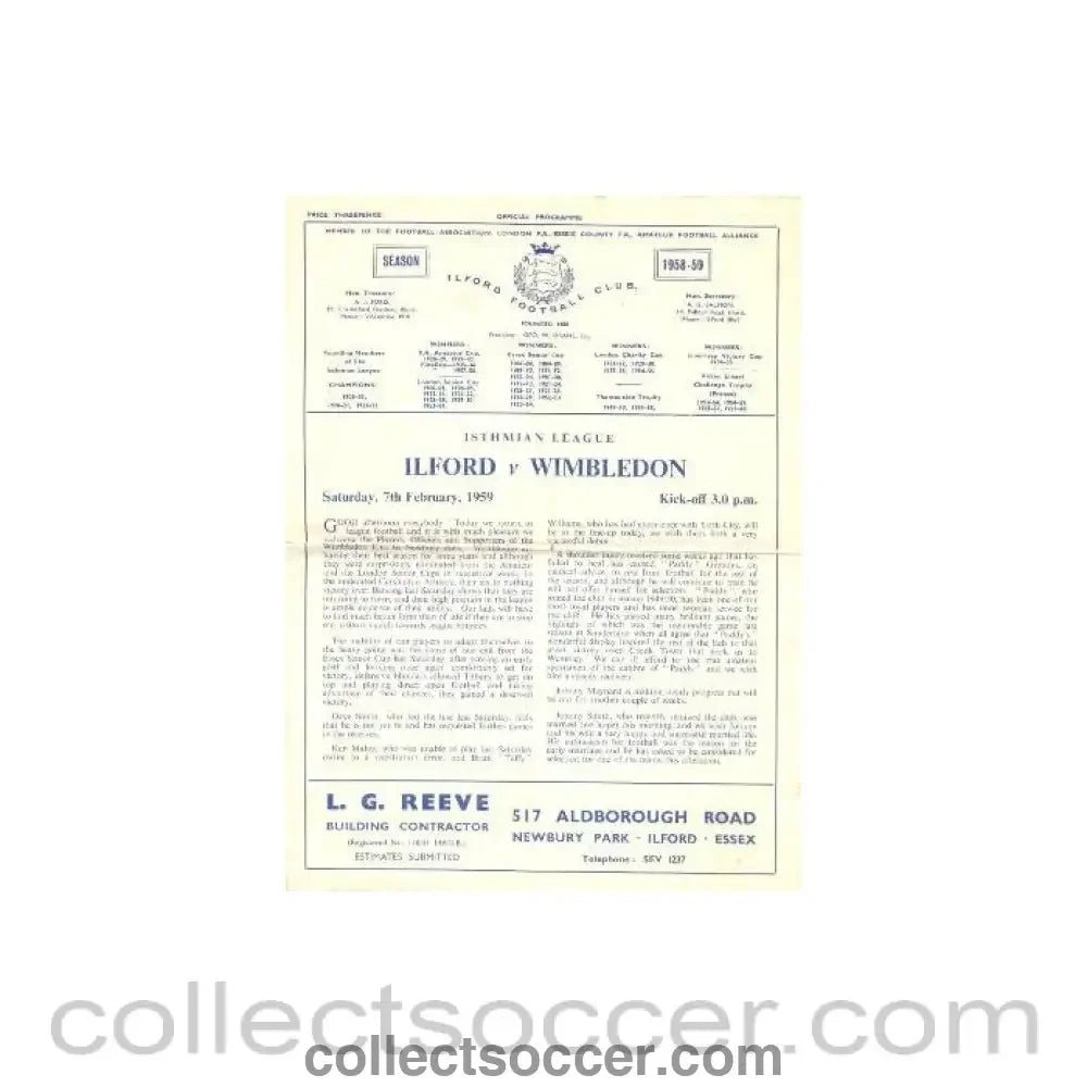 1959 - Ilford v Wimbledon official programme 07/02/1959 - Collect Soccer