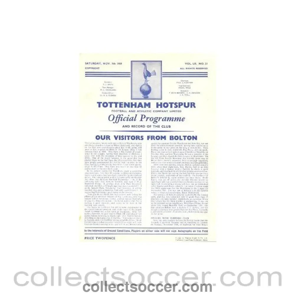 1959 - Tottenham Hotspur v Bolton Wanderers official programme 07/11/1959 Football League - Collect Soccer