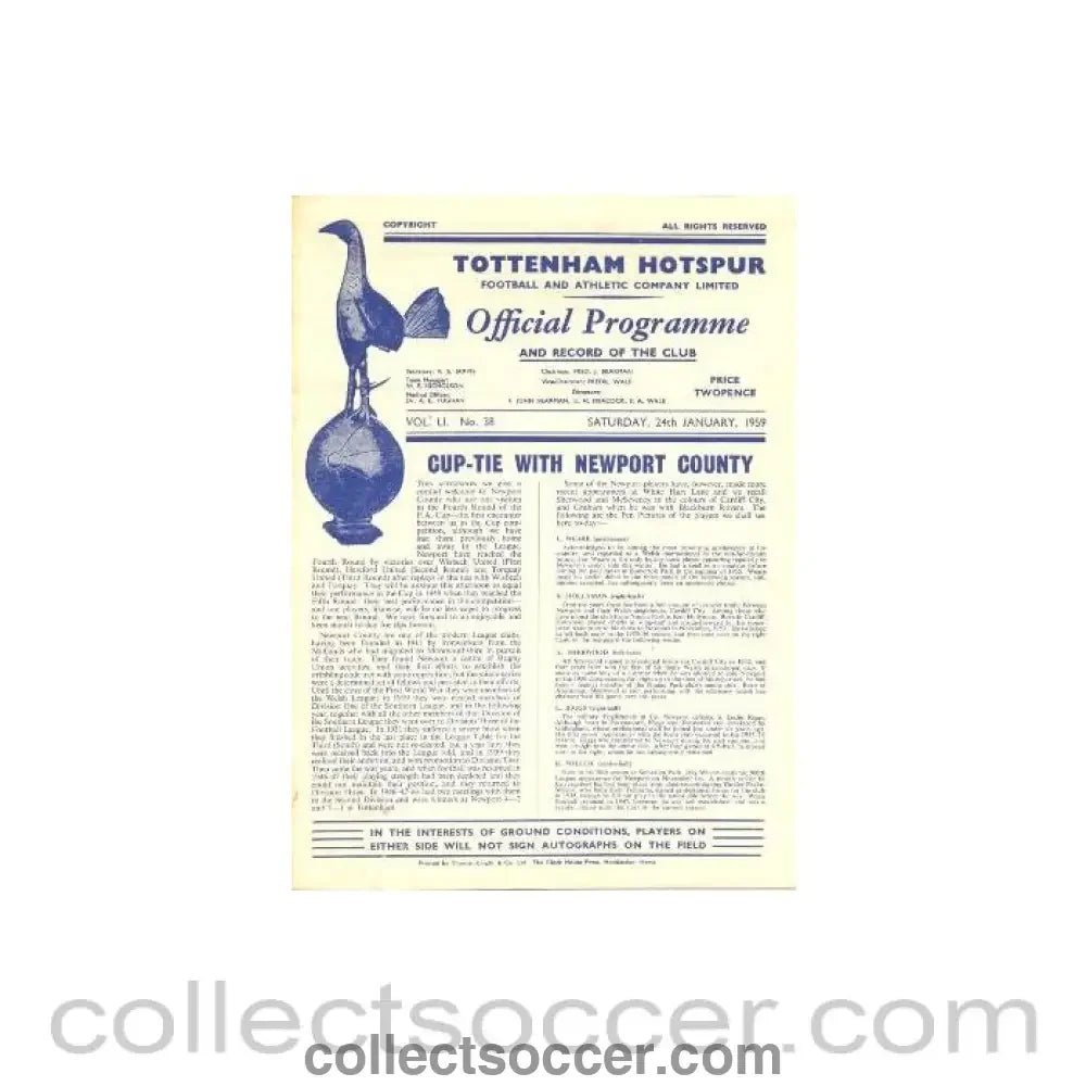 1959 - Tottenham Hotspur v Newport County official programme 24/01/1959 F.A. Cup - Collect Soccer