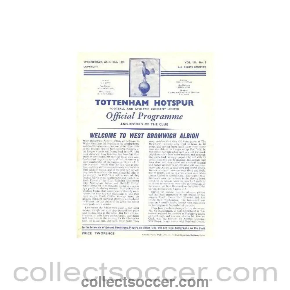1959 - Tottenham Hotspur v West Bromwich Albion official programme 26/08/1959 - Collect Soccer