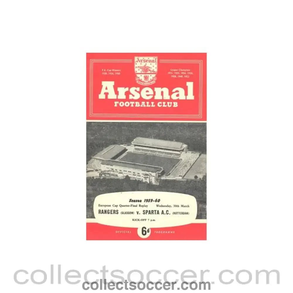 1960 - Arsenal v Sparta Rotterdam official programme 30/03/1960 European Cup - Collect Soccer