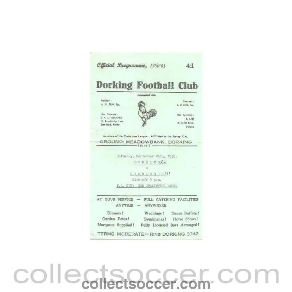 1960 - Dorking v Wimbledon official programme 24/09/1960 - Collect Soccer