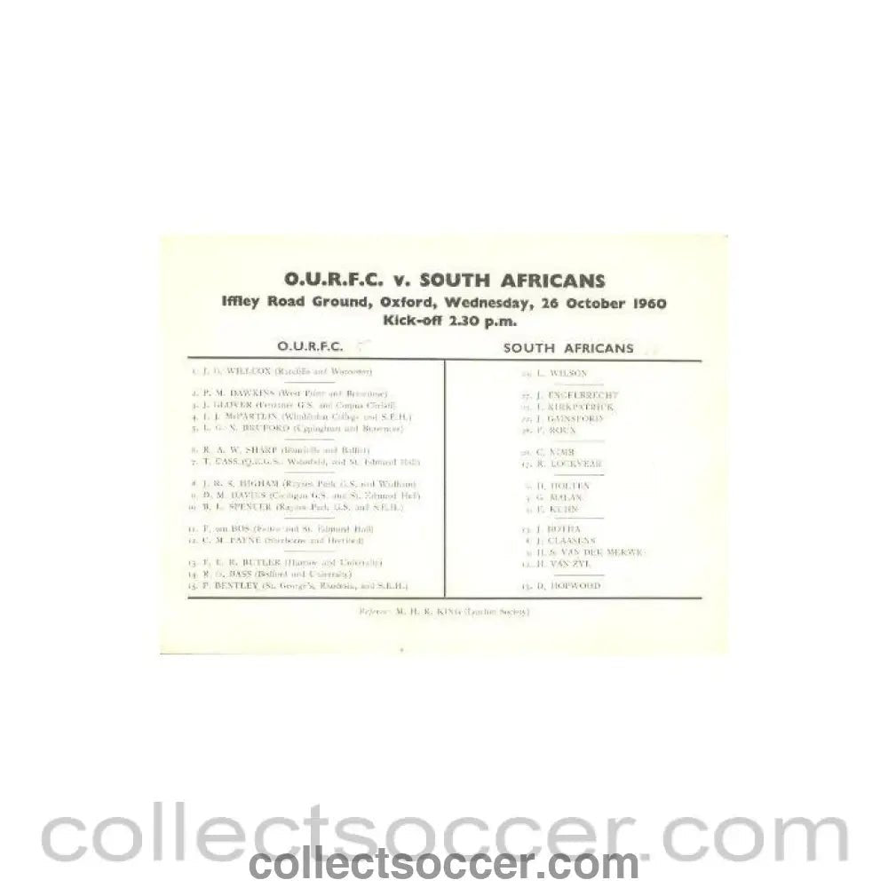 1960 - O.U.R.F.C. v South Africans official cricket programme 26/10/1960 - Collect Soccer