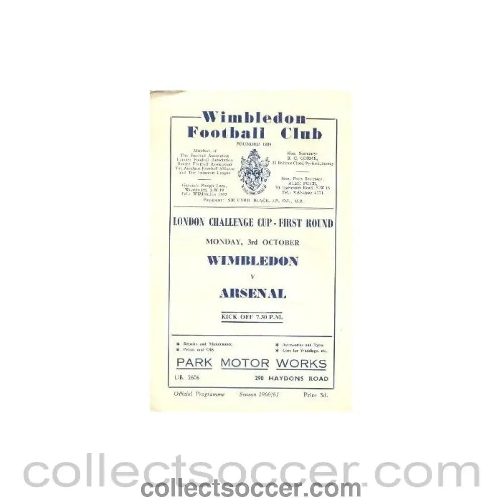 1960 - Wimbledon v Arsenal London Challenge Cup official programme 03/10/1960 - Collect Soccer