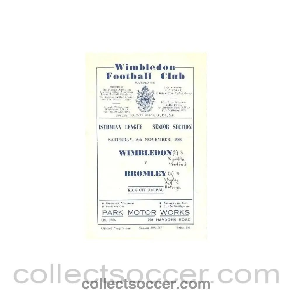 1960 - Wimbledon v Bromley official programme 05/11/1960 - Collect Soccer