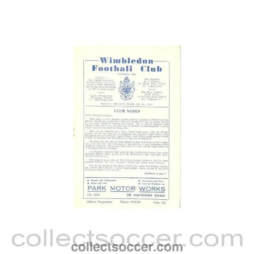 1960 - Wimbledon v Dulwich Hamlet official programme 09/01/1960 - Collect Soccer
