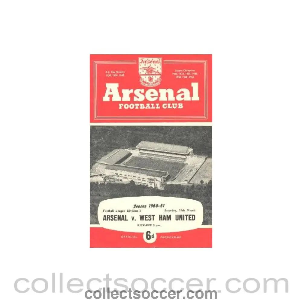 1961 - Arsenal v West Ham United official programme 25/03/1961 - Collect Soccer