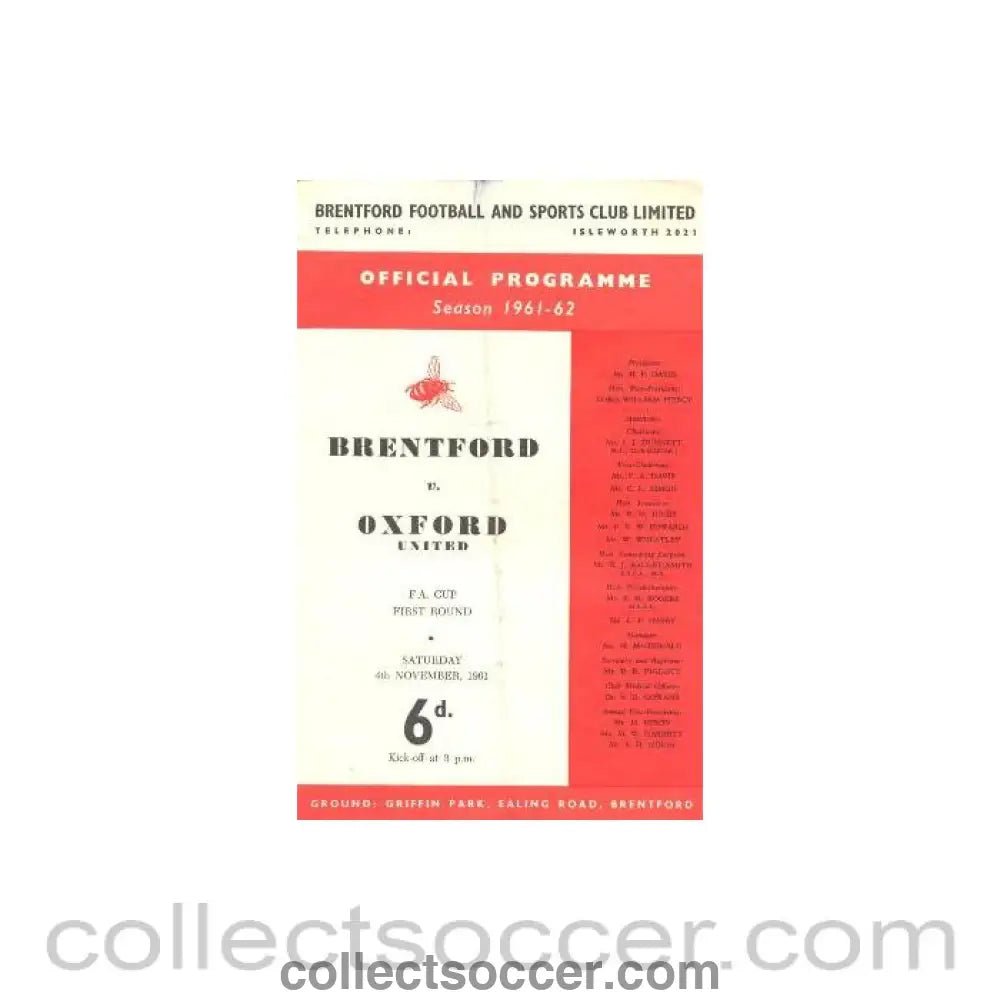 1961 - Brentford v Oxford United official programme 04/11/1961 - Collect Soccer