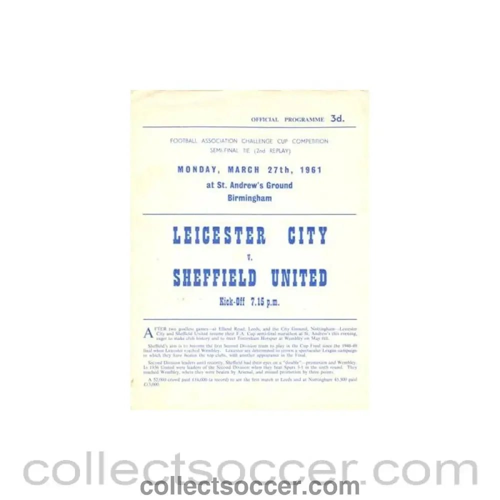 1961 F.A. Cup Semi - Final Leicester City v Sheffield United official programme 27/03/1961 2nd Replay - Collect Soccer