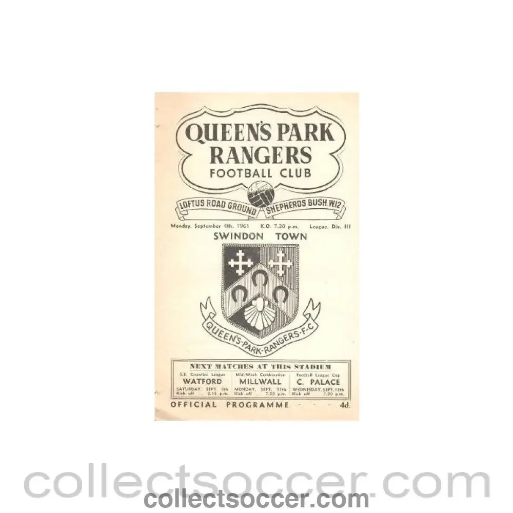 1961 - Queen's Park Rangers v Swindon Town official programme 04/09/1961 - Collect Soccer